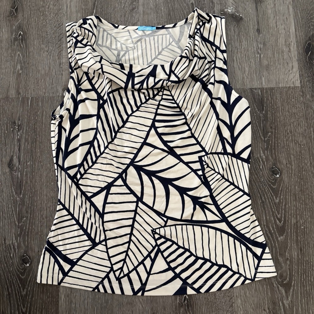 J McLaughlin Women's L Cream Navy Palm Print Drape Neck‎ Silk Blend Top